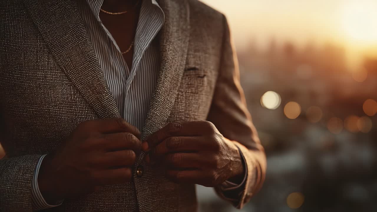 Un hombre elegantemente vestido se ajusta el blazer mientras se encuentra frente a un impresionante telón de fondo de puesta de sol, encarnando sofisticación y elegancia urbana en un entorno moderno
