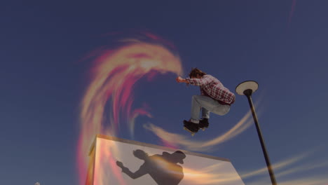 male skateboarder launching off ramp in plaza for sports ad, neon trails swirling around trick
