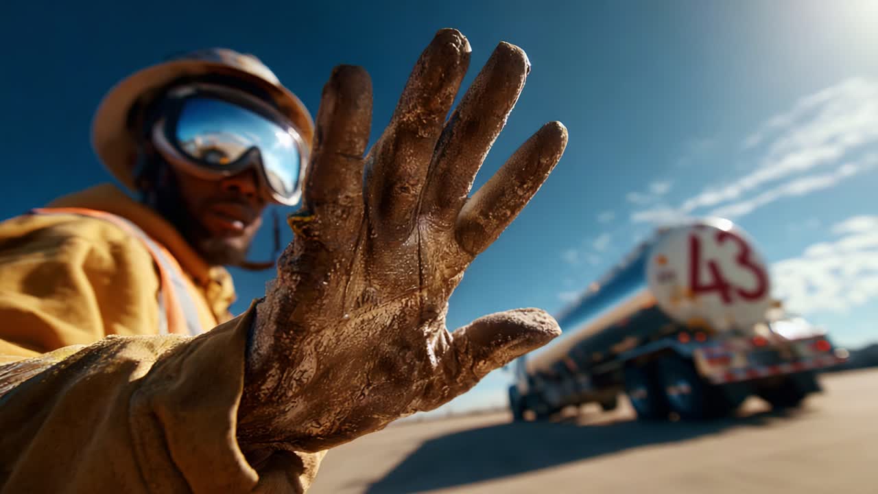 A Worker in Safety Gear Holds Up a Muddy Hand to Signal for Caution While Standing Near a Tanker Truck Under a Clear Blue Sky, Showcasing Dedication and Safety in the Field