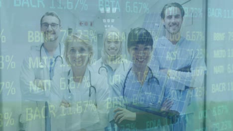 animation of financial data over happy diverse female and male doctors looking at camera