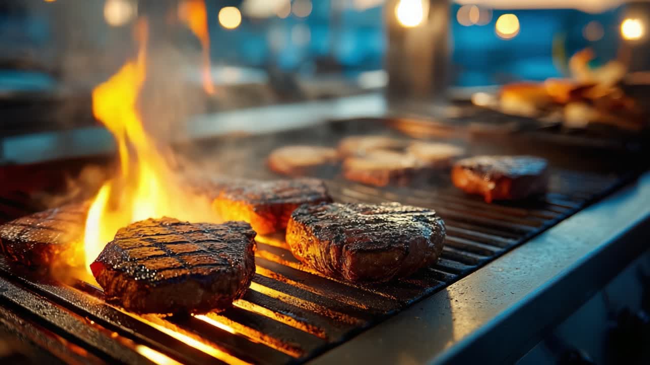 La Perfezione della Grigliata: Una Festa Visiva di Bistecche Sfrigolanti e Fiamme Vivaci Catturata in un'Esperienza Culinaria di Alta Qualità di Barbecue all'Aperto