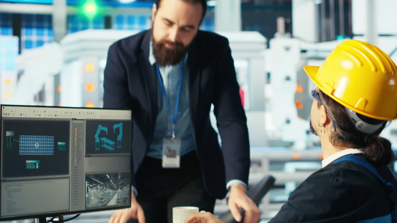 gerente que muestra a los ingenieros las mejoras necesarias después de inspeccionar la maquinaria de la planta solar