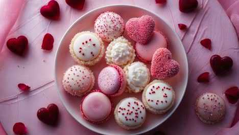 assorted pink and red macarons on pink plate