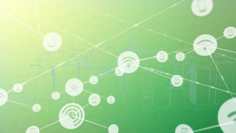 iconas de teléfonos celulares y wi-fi que se conectan con líneas sobre el paisaje urbano digital y el deslumbramiento de la lente verde