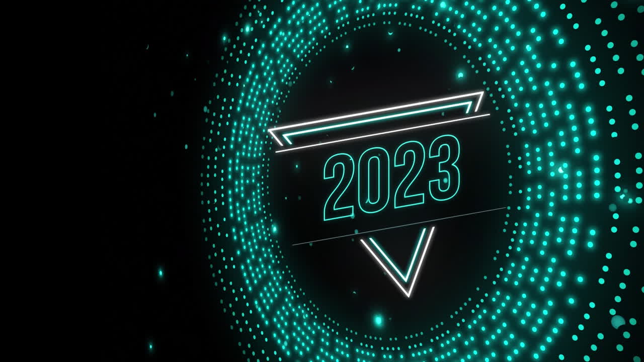 Animation of 2023 neon text over green circle light trails