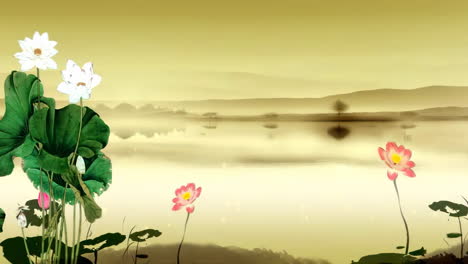 Daytime-ancient-traditional-Chinese-Japanese-landscape-ink-Painting-lotus-atmospheric-river-of-beautiful-calm-trees,-mountains,-flowers,-lake,-water,-birds,-blue-sky,-boat,-cherry-blossoms-season