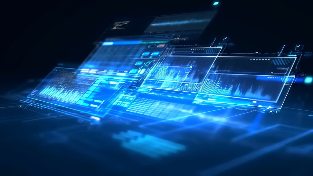 Futuristic Blue Digital Interface Displaying Data and Graphs