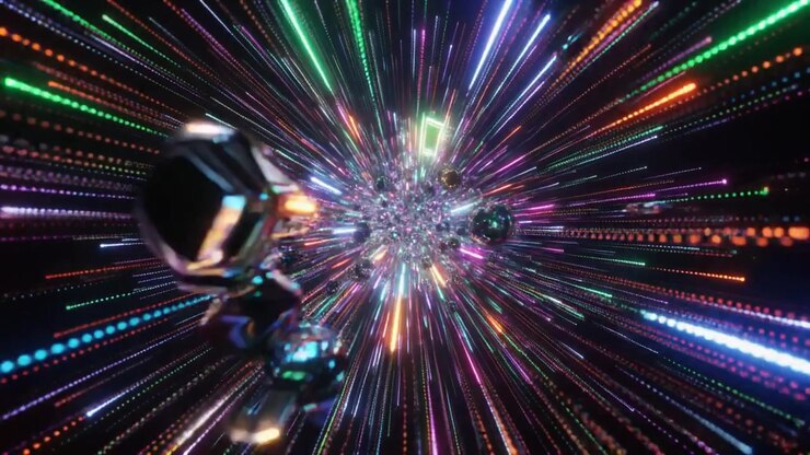 Abstract Animation of Floating Metallic Spheres Traveling Through a Neon Light Tunnel