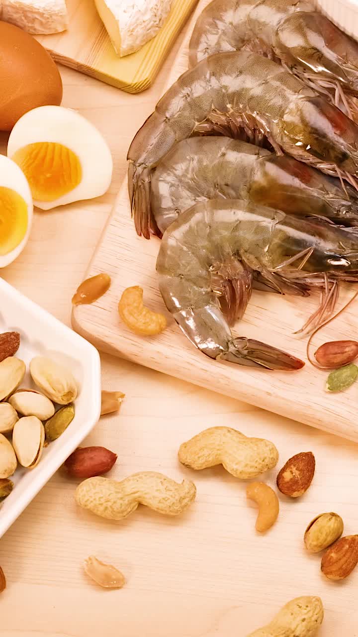 Assortimento di carni, frutta secca e uova esposti.