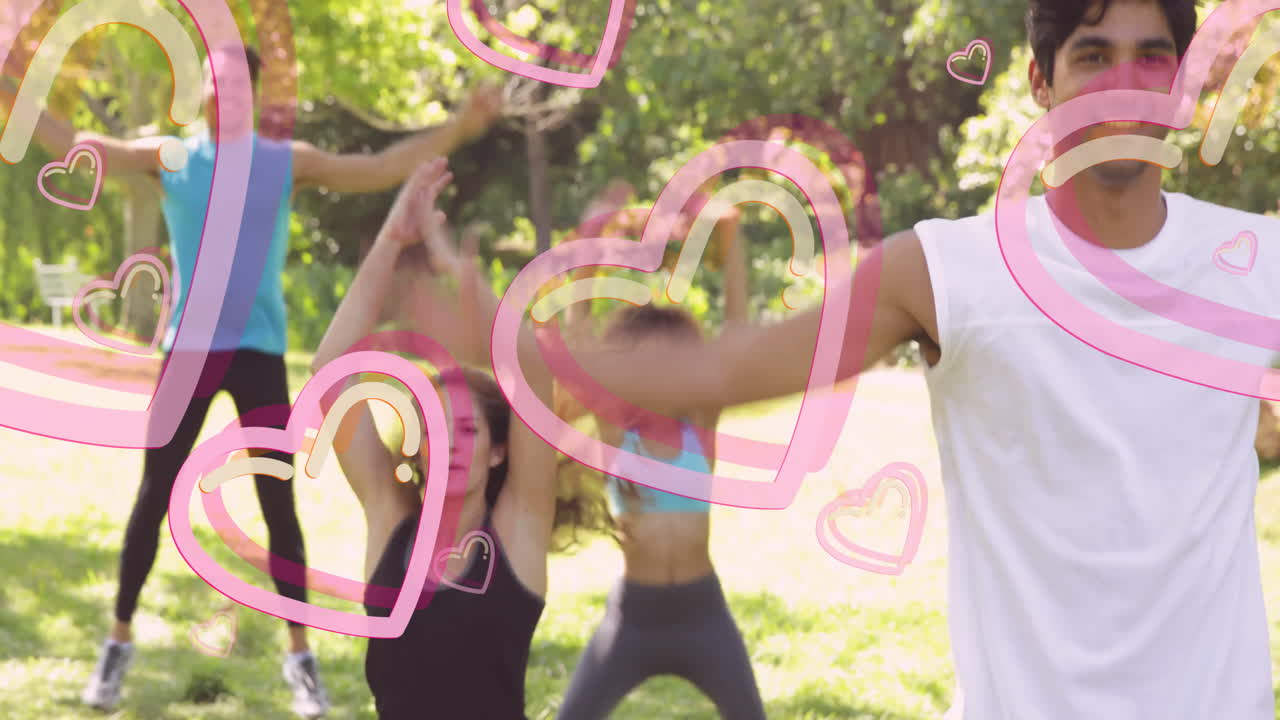 Exercising outdoors, people with animated pink hearts overlay, enjoying nature