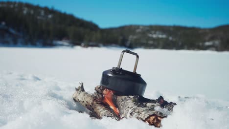 Firewood-With-Boiling-Water-On-A-Kettle-In-Frozen-Background