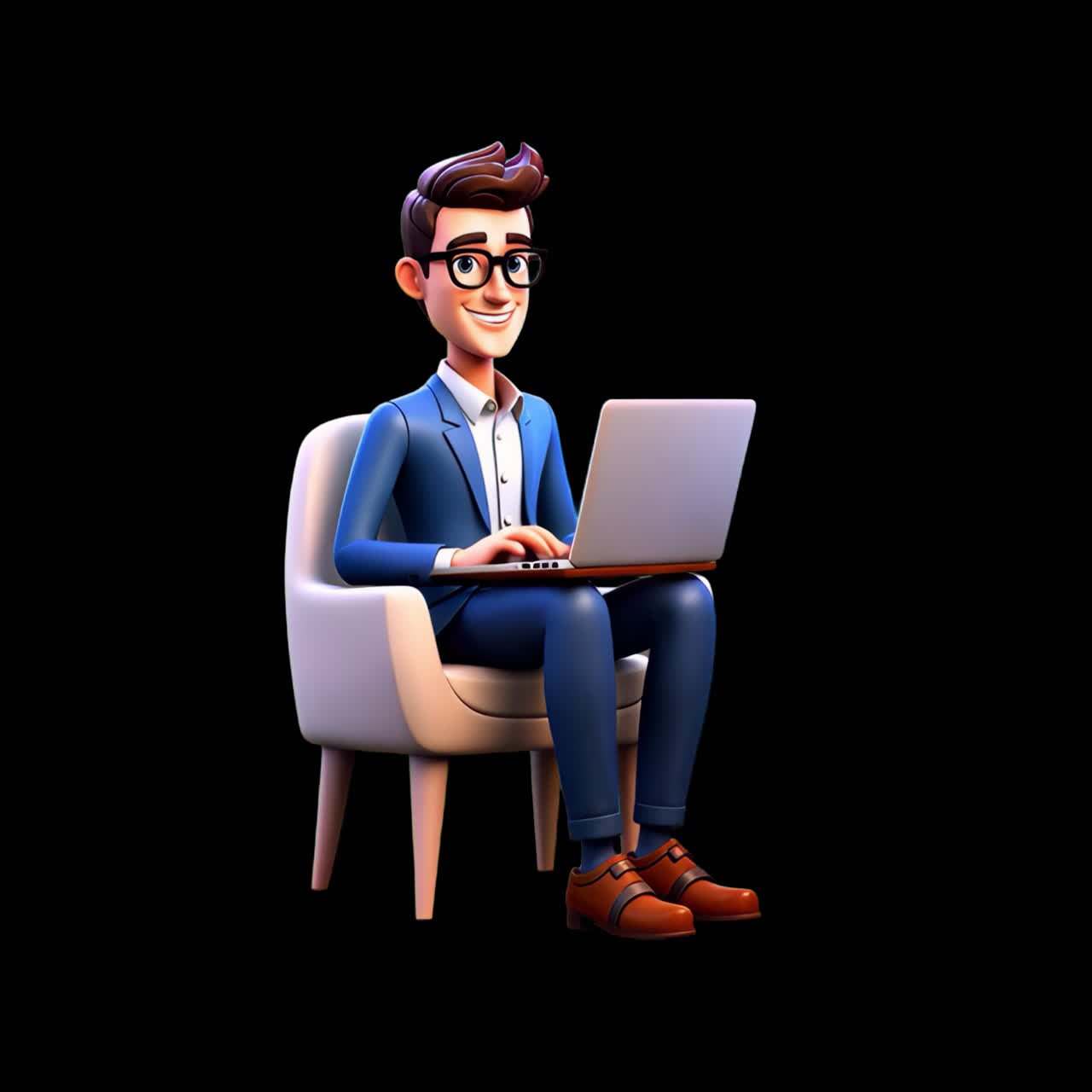 Cartoon businessman using laptop animation isolated asset, transparent 4K video, alpha channel