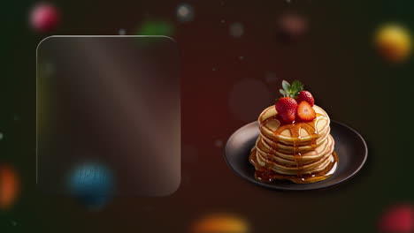 strawberry buttermilk pancakes with honey animation - a visual experience. feature your dish with a sleek glass label zone for any custom text