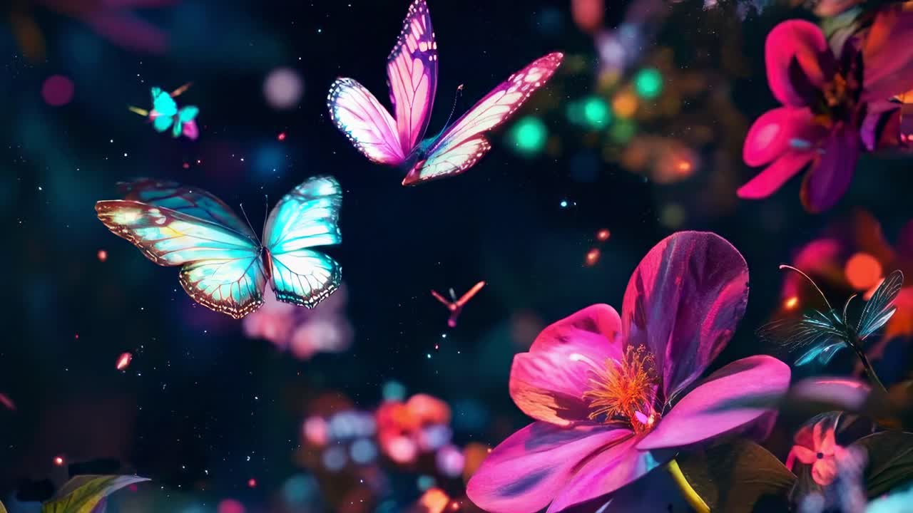Vibrant video scene of butterflies and flowers, captured from a low angle