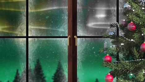 Animation-of-christmas-tree-with-aurora-borealis-lights-and-snowflakes-seen-through-window