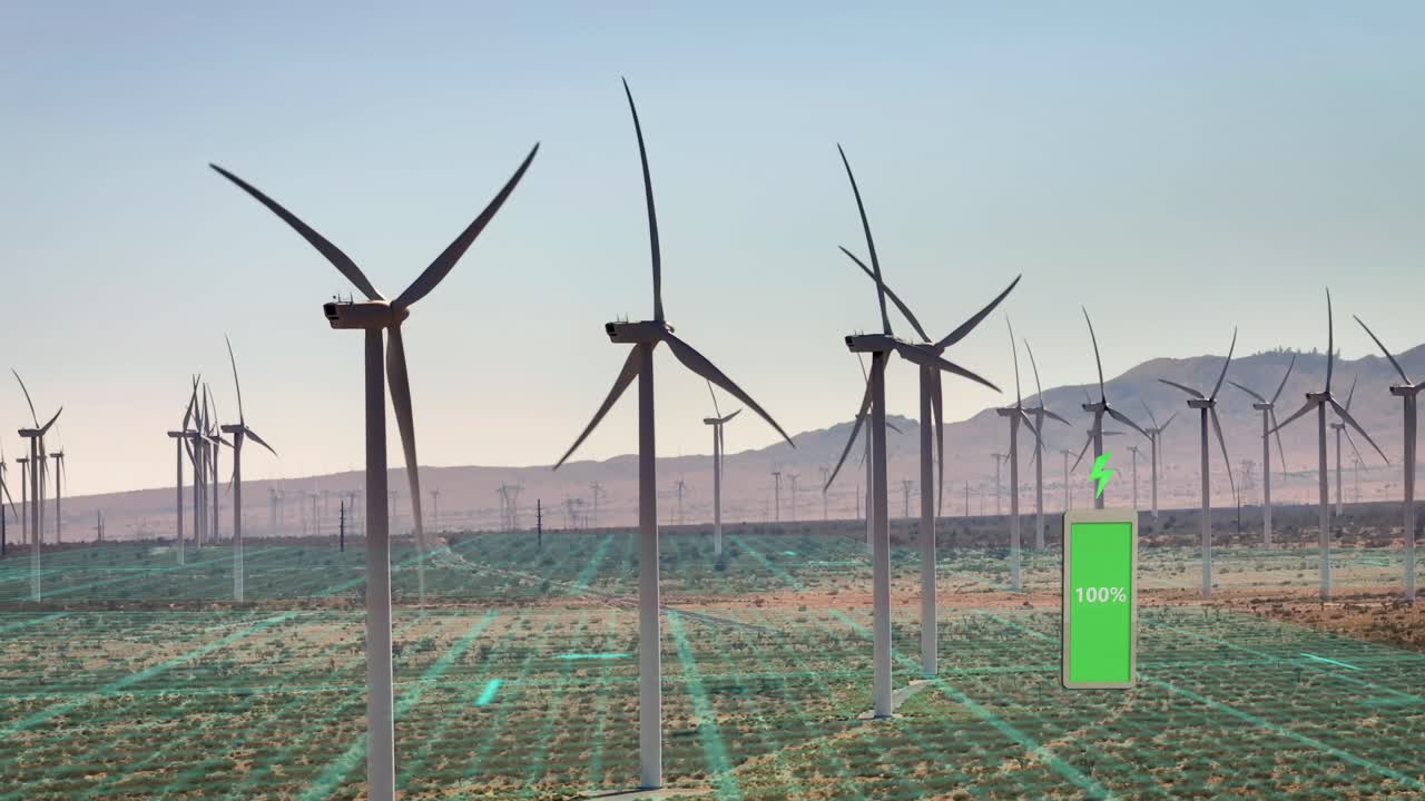 Rows of turbines harness the power of the wind to generate electricity and charge batteries - 3D Overlay