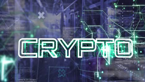 animation of crypto text banner, green light trails and data processing against computer server room