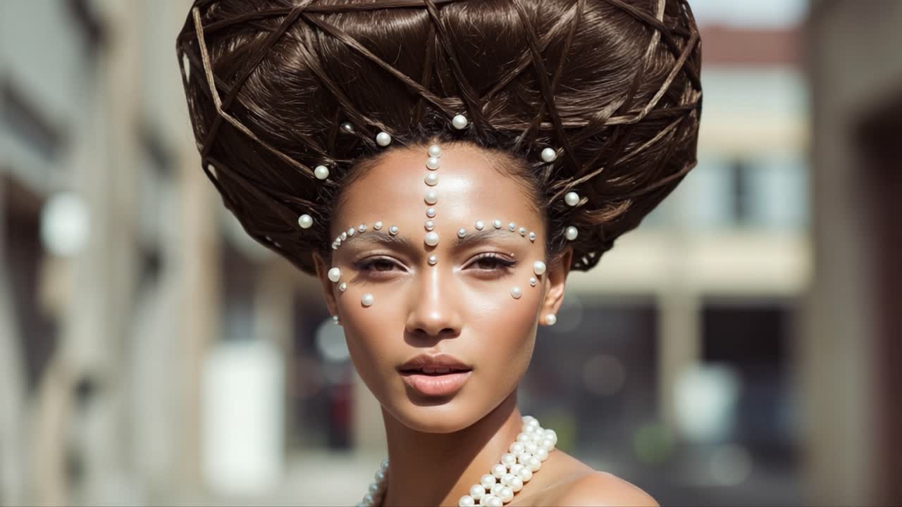 Uno splendido ritratto di eleganza: una modella che mostra un'arte capillare unica con perle e un copricapo intricato su uno sfondo urbano alla moda