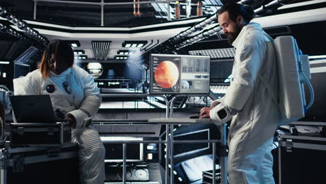 astronauts flying together in starship exploring mars