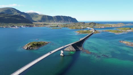 lofoten islands bridge and scenic route during summer in norway - aerial