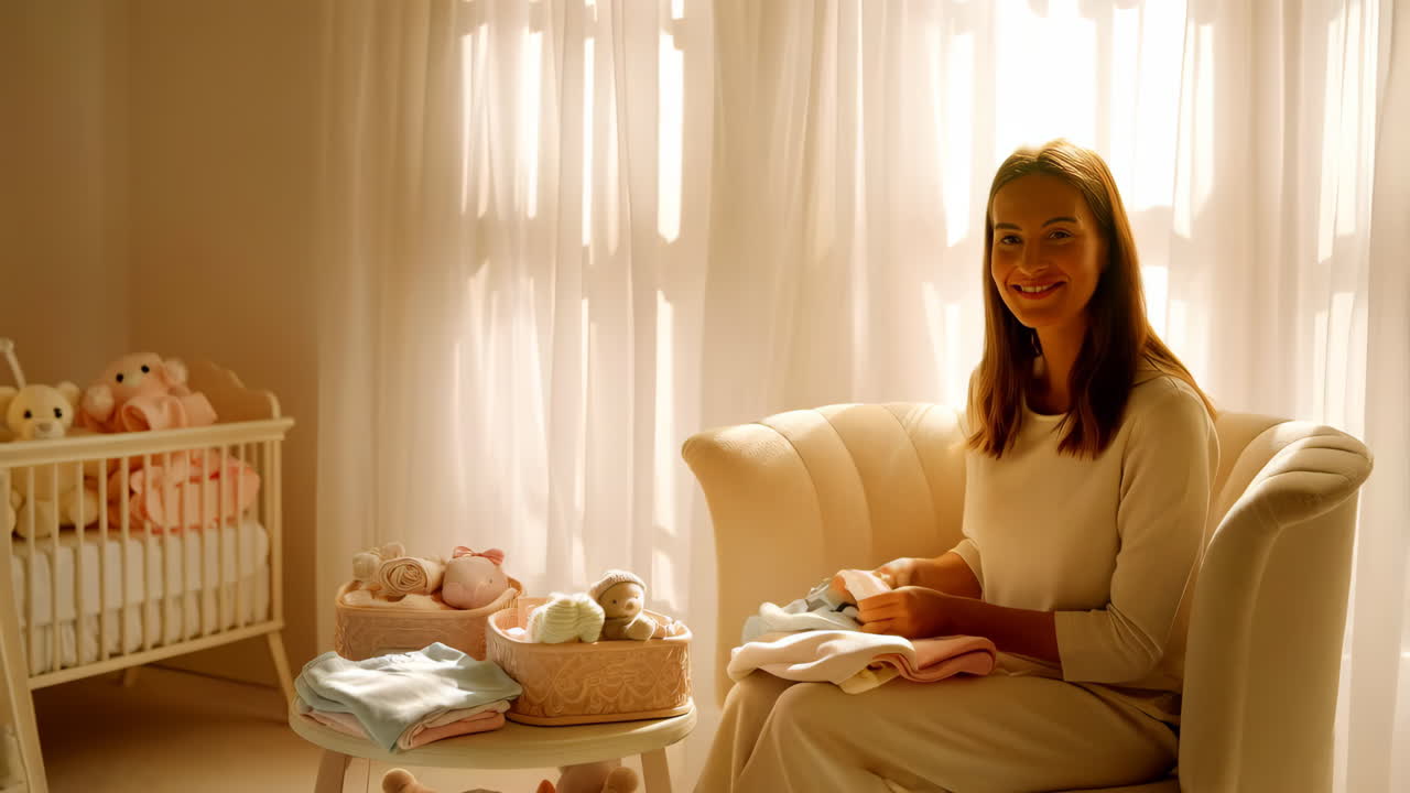 Mother preparing baby clothes in nursery