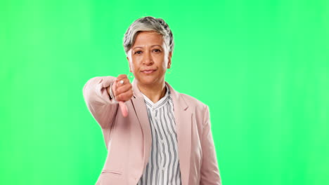 Thumbs-down,-woman-and-hand-sign-on-green-screen