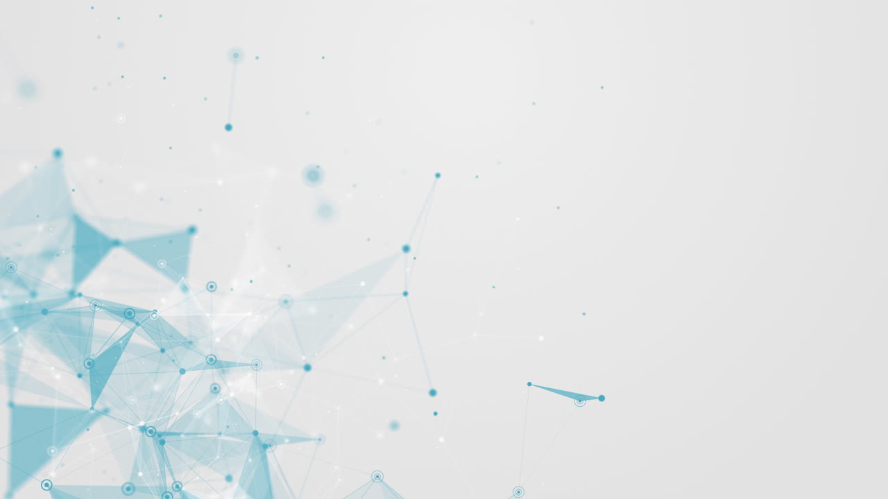 Abstract animation of blue triangles, dots and connected lines on a white looped background.