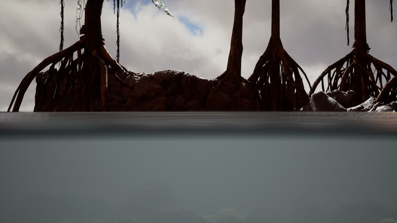 만그로브 나무 근처의 해수면 위와 해수면 아래