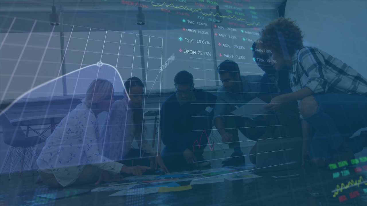 Financial data and stock market analysis animation over business team in meeting