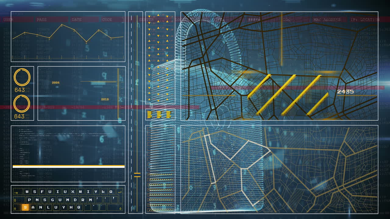 animazione dell'interfaccia con l'elaborazione dei dati sull'icona del lucchetto di sicurezza su sfondo blu