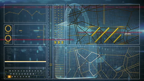 animación de la interfaz con procesamiento de datos sobre el icono de candado de seguridad contra fondo azul