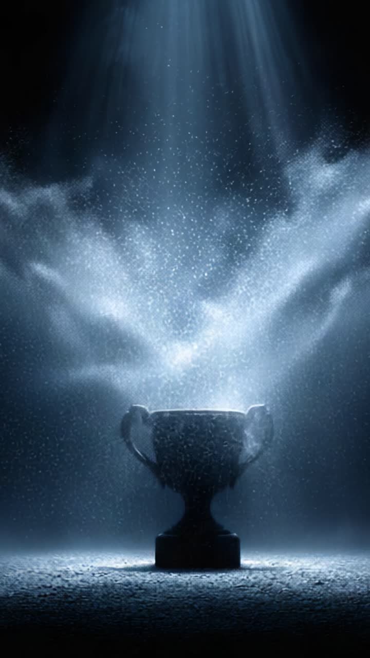 Un Trofeo Maestoso Illuminato da Luce Eterea: Un Simbolo di Successo e Vittoria Circondato da un'Aura Mistica di Nebbia Scintillante