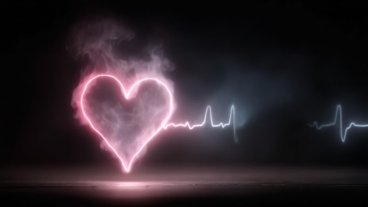 Una rappresentazione visiva della connessione: il battito cardiaco e un cuore luminoso simboleggiano amore ed emozione in una straordinaria opera d'arte di luce e colore.