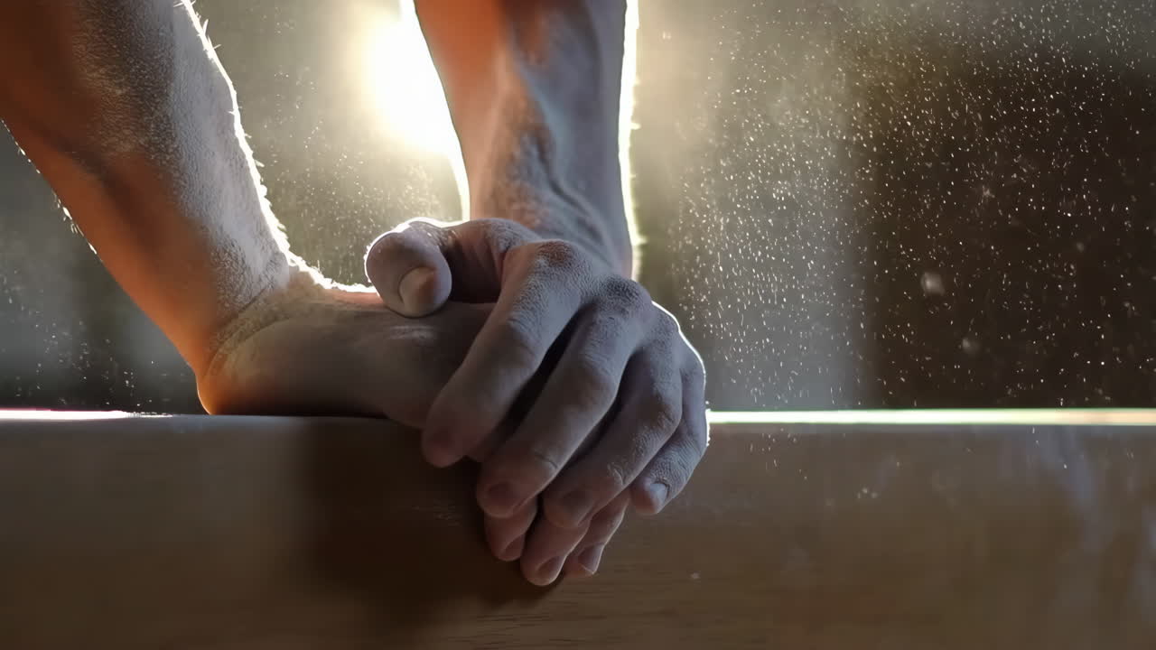 Close-up of gymnastic hands covered in chalk, preparing for exercise