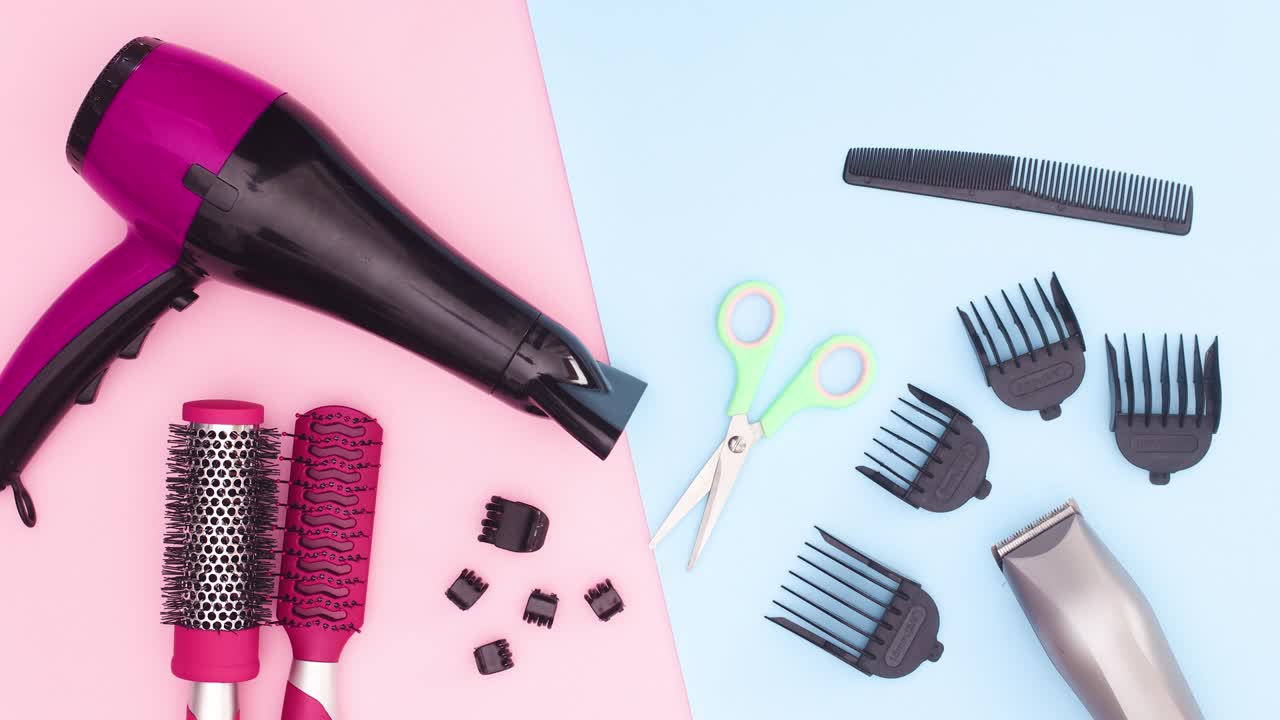 Hairstyle tools for woman and man move on blue pink theme. Stop motion