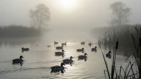 Serene Morning Scene: A Tranquil Gathering of Ducks in a Misty Lake Surrounded by Lush Grasses and Trees as the Sun Rises Behind the Fog