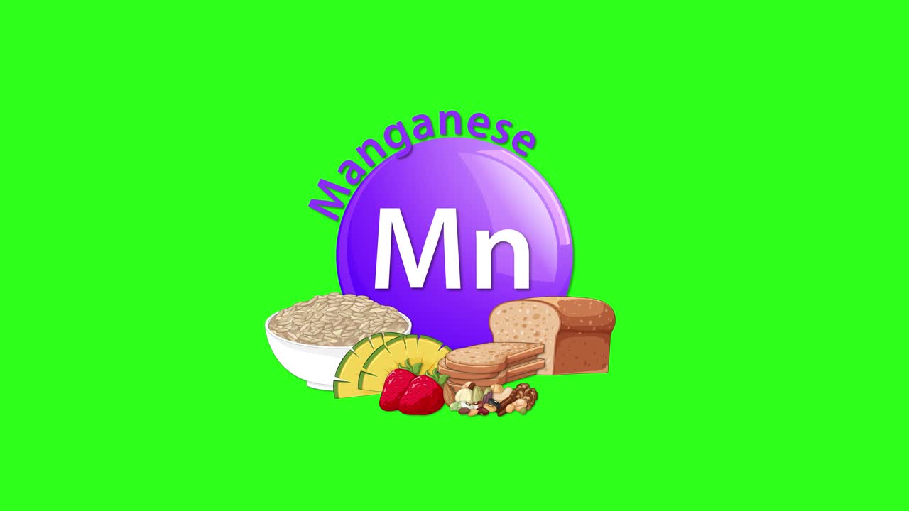 A purple manganese element icon transitions in, accompanied by whole grains, bread, nuts, and vegetables, set against a bright green chroma key background