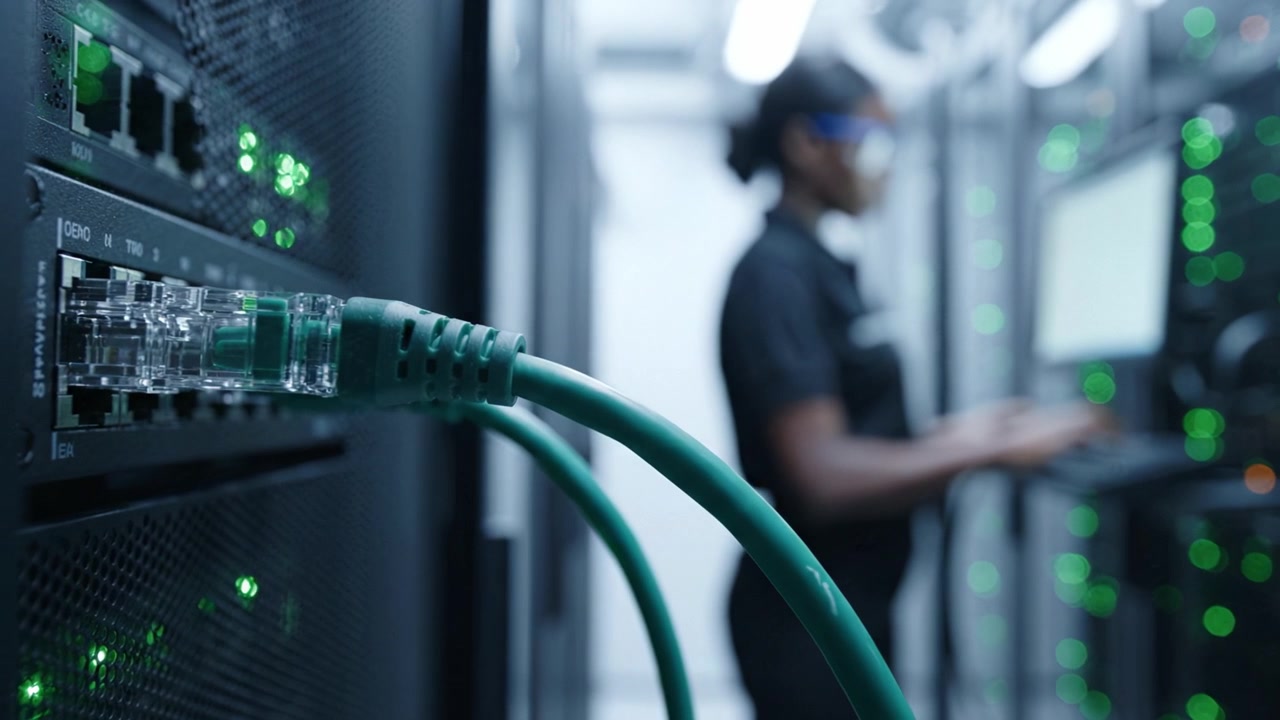 A technician monitors network equipment in a server room, focusing on cables, connectivity, and data flow management to ensure optimal system performance