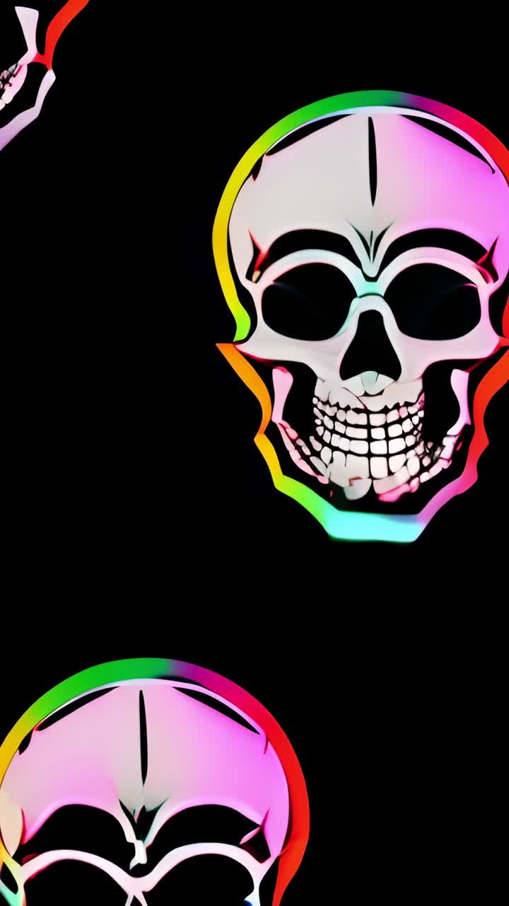 Video verticale: avvio della riproduzione con teschio bianco che scorre su contorni arcobaleno sfumati su sfondo nero in loop