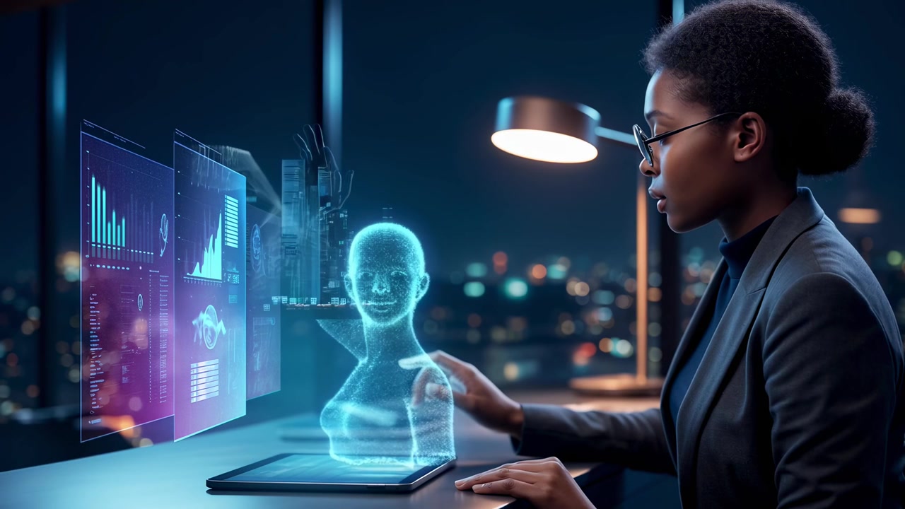 Professional Woman Interacting with AI Hologram in Modern Office