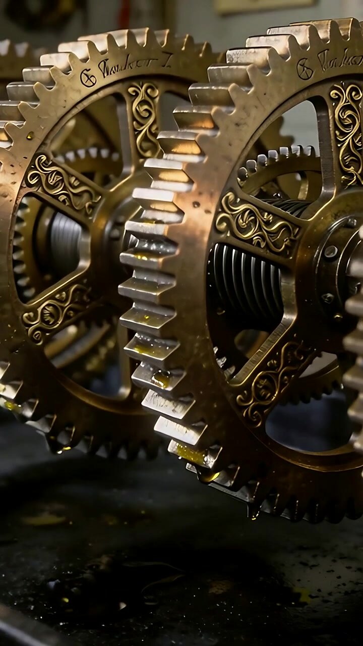 Vertical video: Panning camera showing brass gears rotating on workshop bench, revealing coil