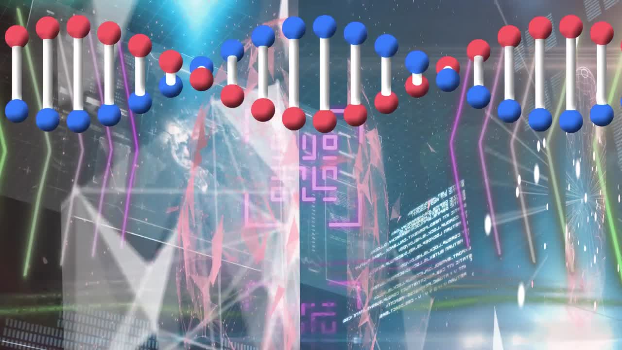animación de la cadena de adn, código qr y procesamiento de datos