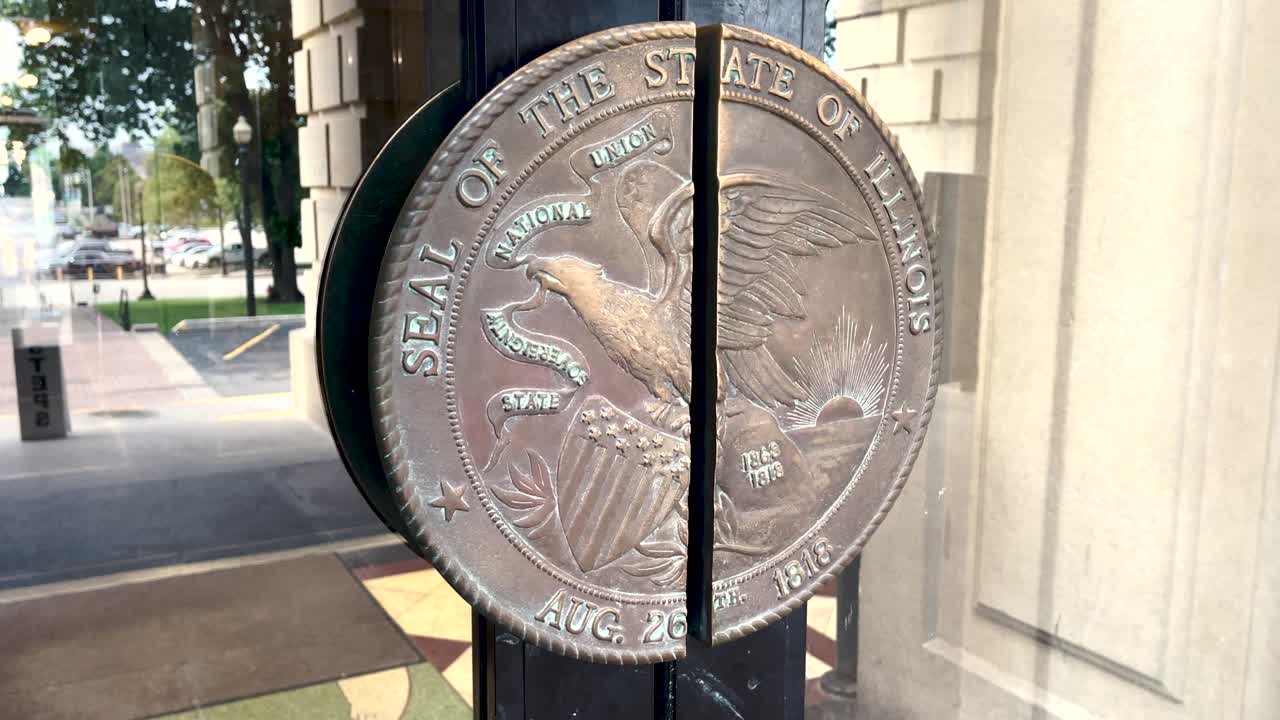 미국 일리노이 주 스프링필드의 일리노이스 주 의회 건물의 북쪽 입구에 있는 문 손잡이.