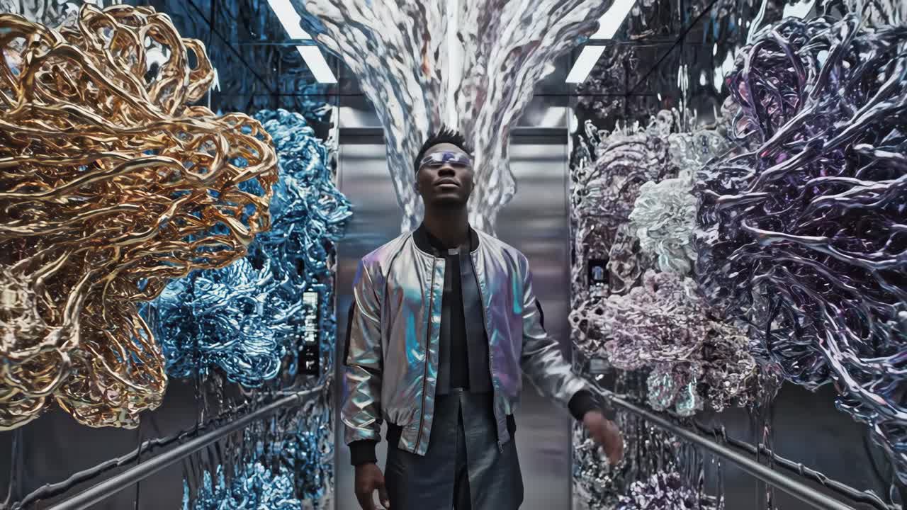Man in Holographic Jacket in Abstract Setting