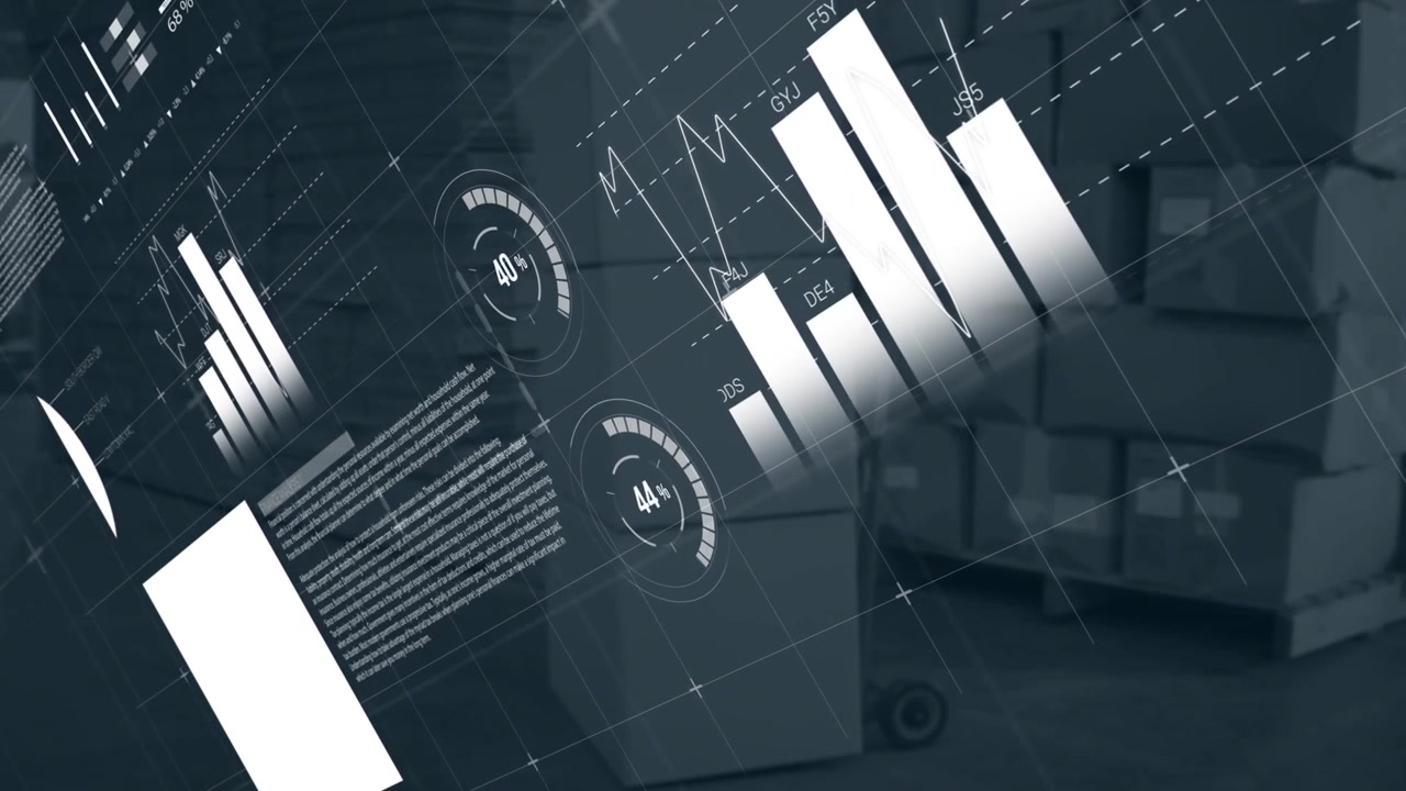 Animation af statistisk databehandling mod udsigt til lagerbygning