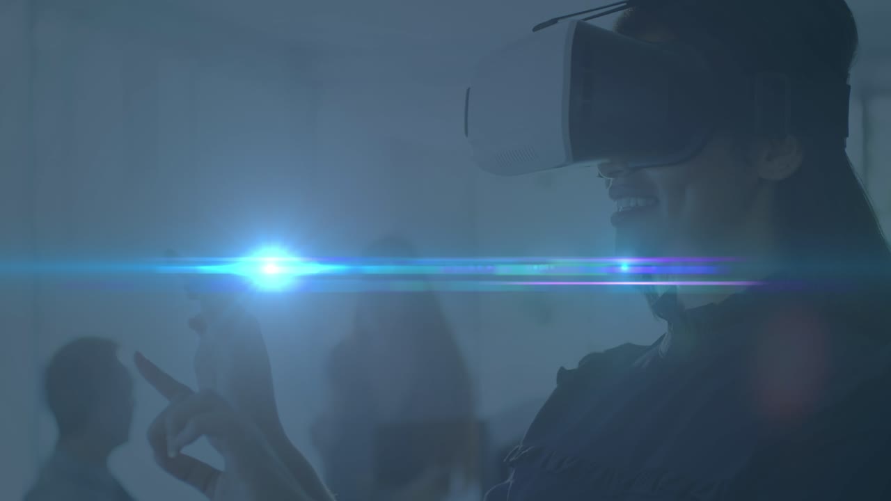 Animation of light spots over caucasian woman with vr headset
