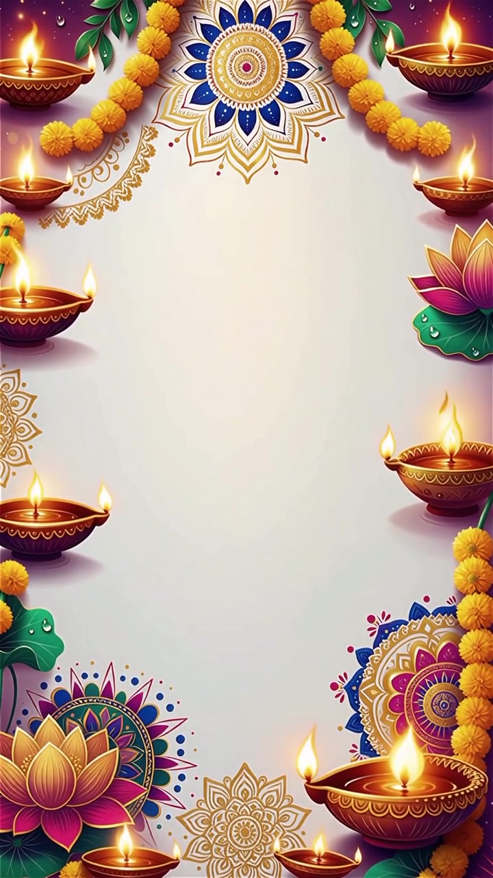 Sfondo Diwali con Diyas luminosi, Rangoli e fiori di loto