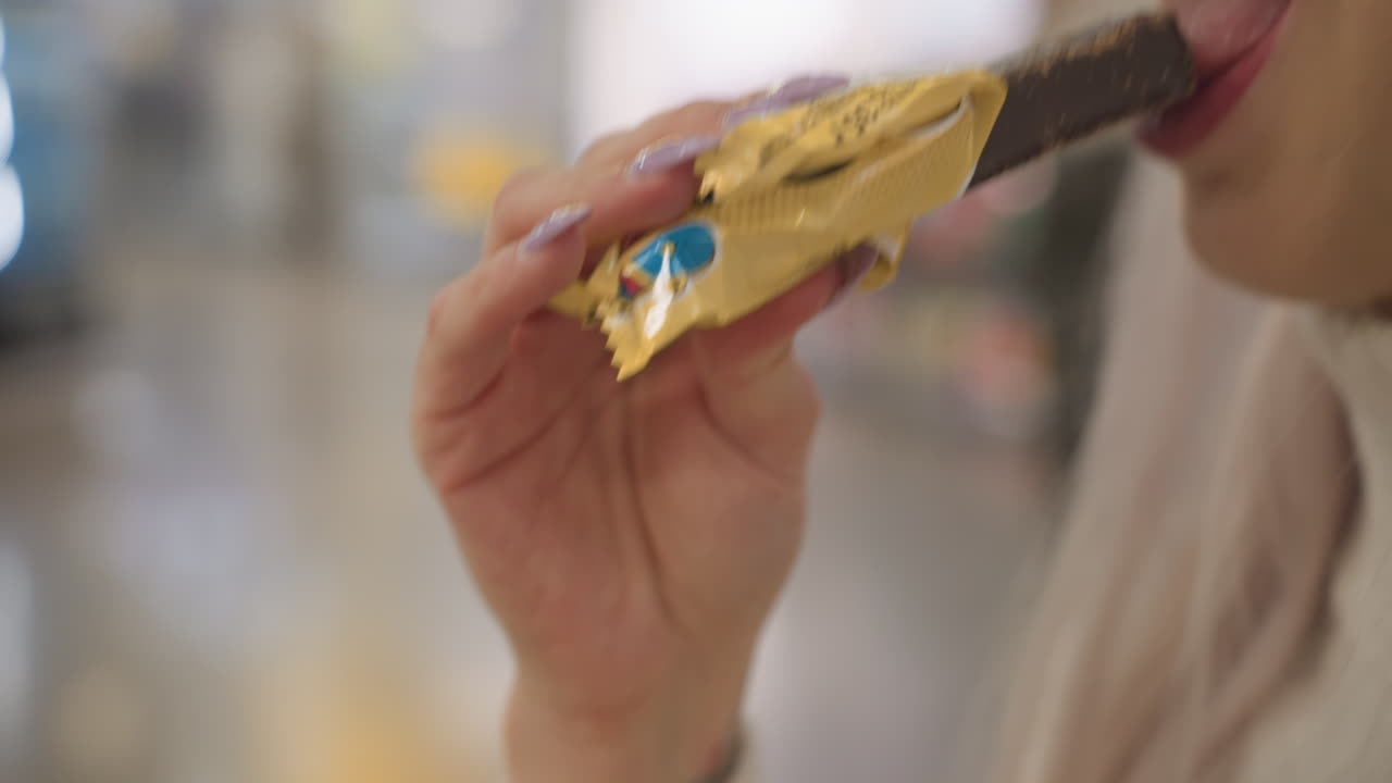 stylish woman seated on bench enjoying chocolate biscuit from sachet with graceful hand motion, lavender nails and polished watch, closeup lips capturing snack moment in bright modern retail store