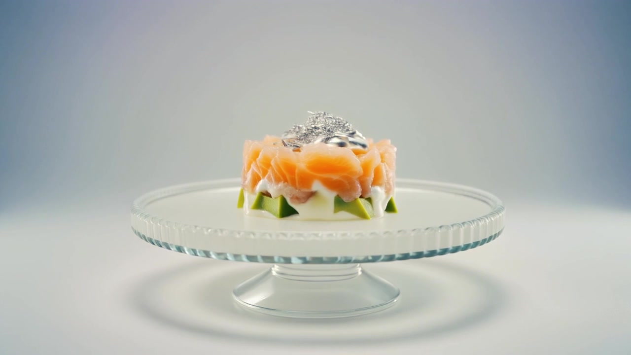 Gourmet Salmon and Avocado Tartare on a Glass Pedestal Stand