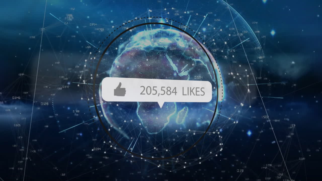 Animation of like icon with numbers over globe on black background